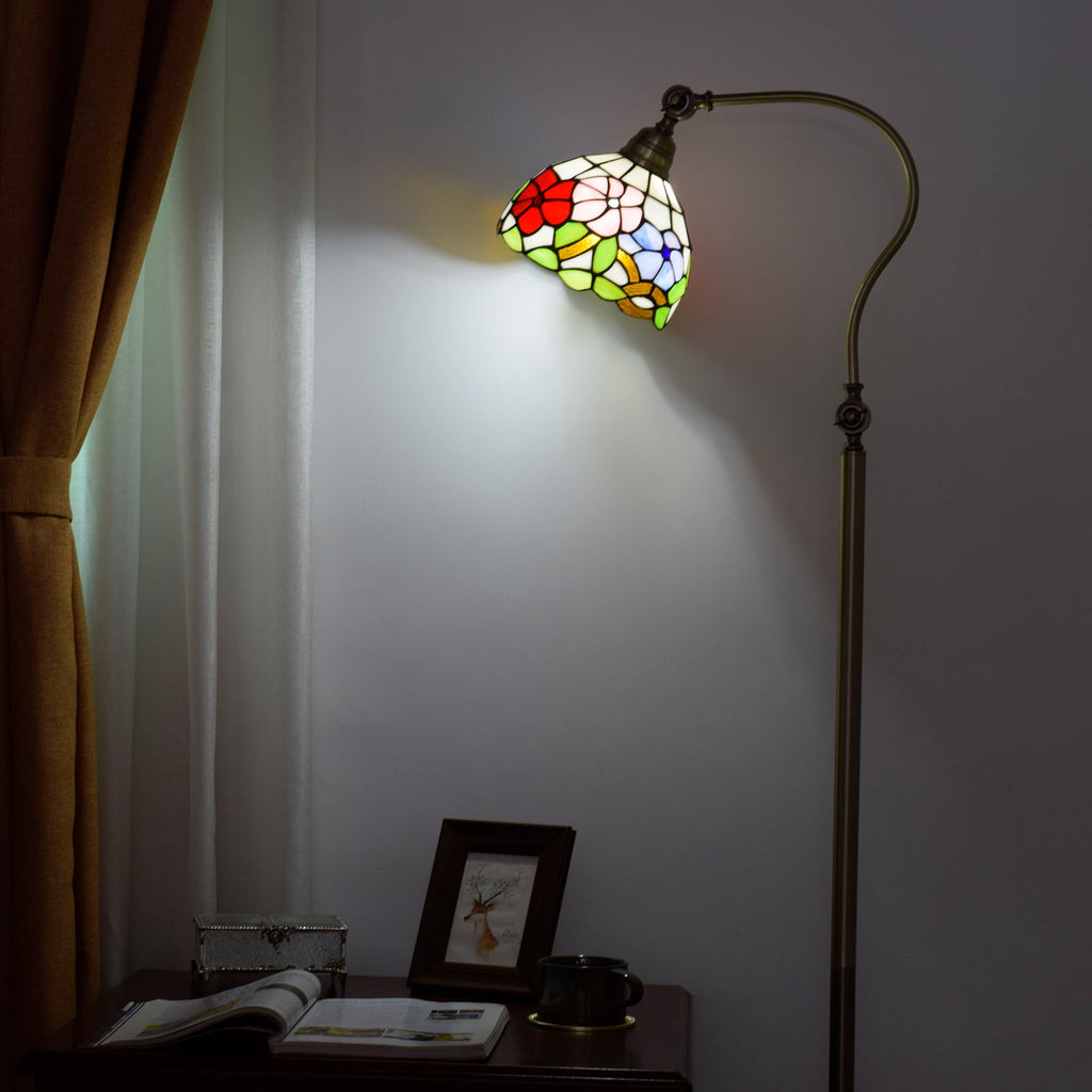 Antique Brass Floor Lamp with Floral Stained Glass Shade