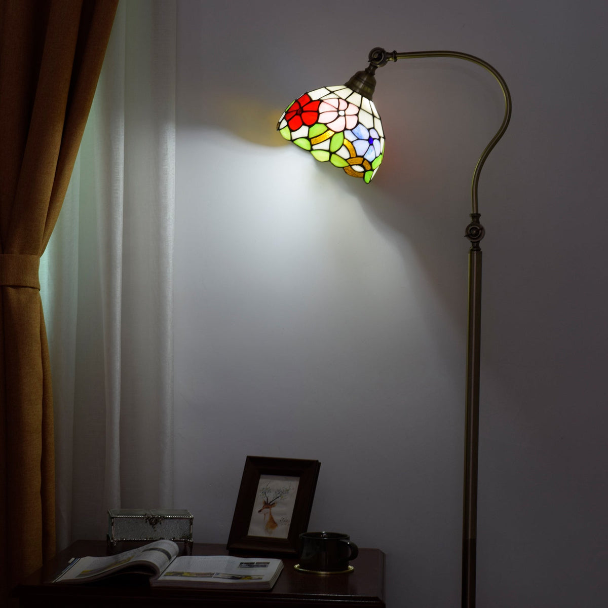 Antique Brass Floor Lamp with Floral Stained Glass Shade