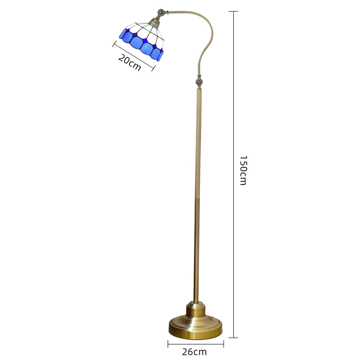 Curved Brass Floor Lamp with Blue Glass Shade