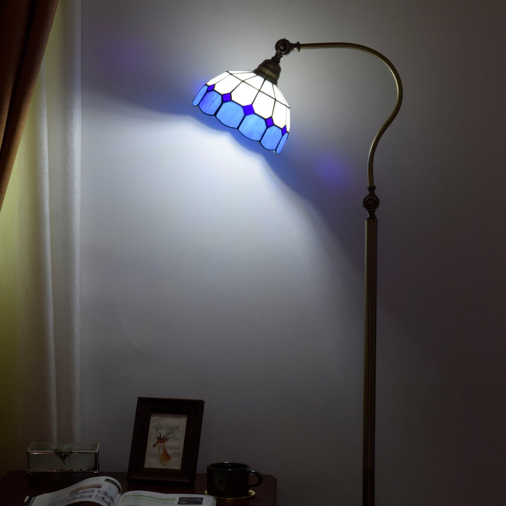 Curved Brass Floor Lamp with Blue Glass Shade