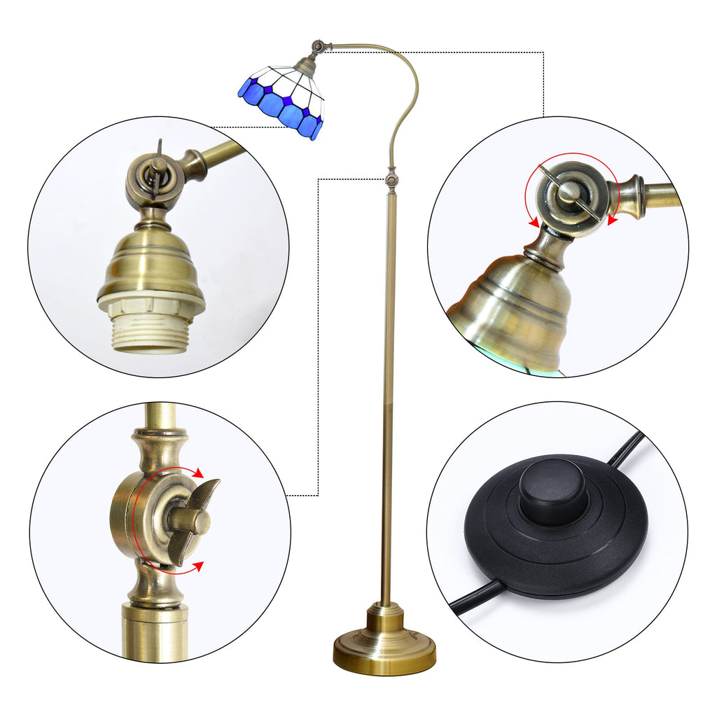 Curved Brass Floor Lamp with Blue Glass Shade