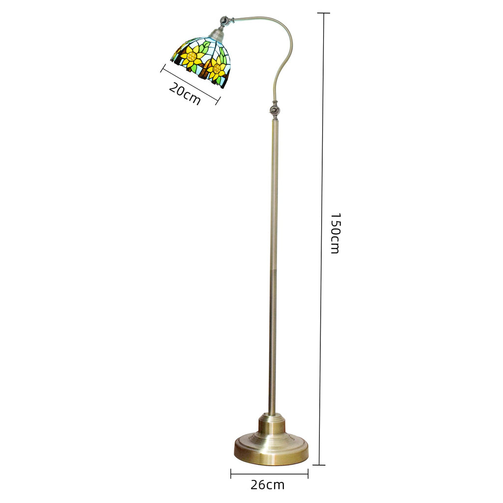 Curved Floor Lamp in Aged Brass with Stained Glass Sunflowers
