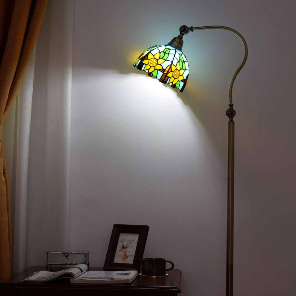 Curved Floor Lamp in Aged Brass with Stained Glass Sunflowers