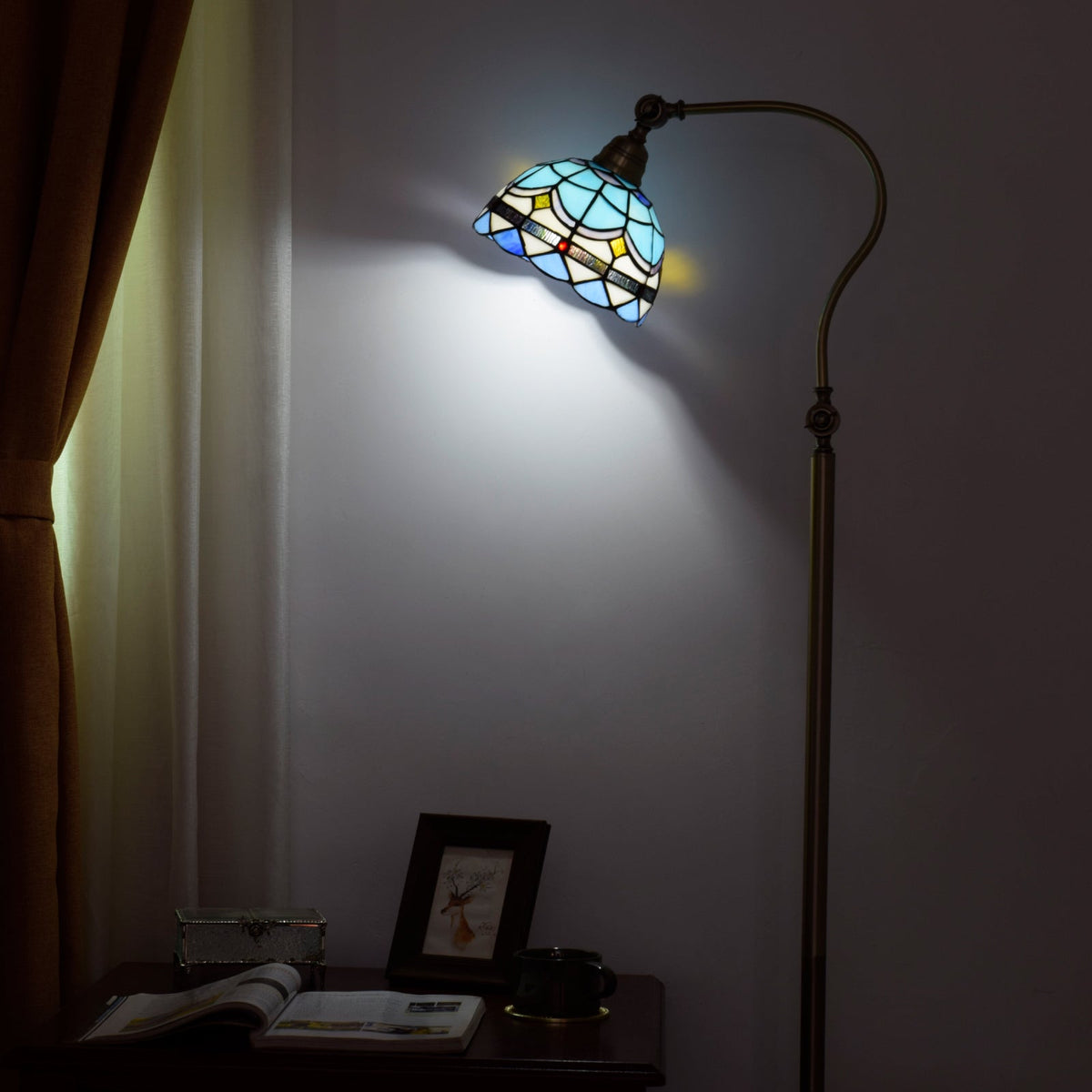 Antique Brass Floor Lamp with Geometric Blue Stained Glass