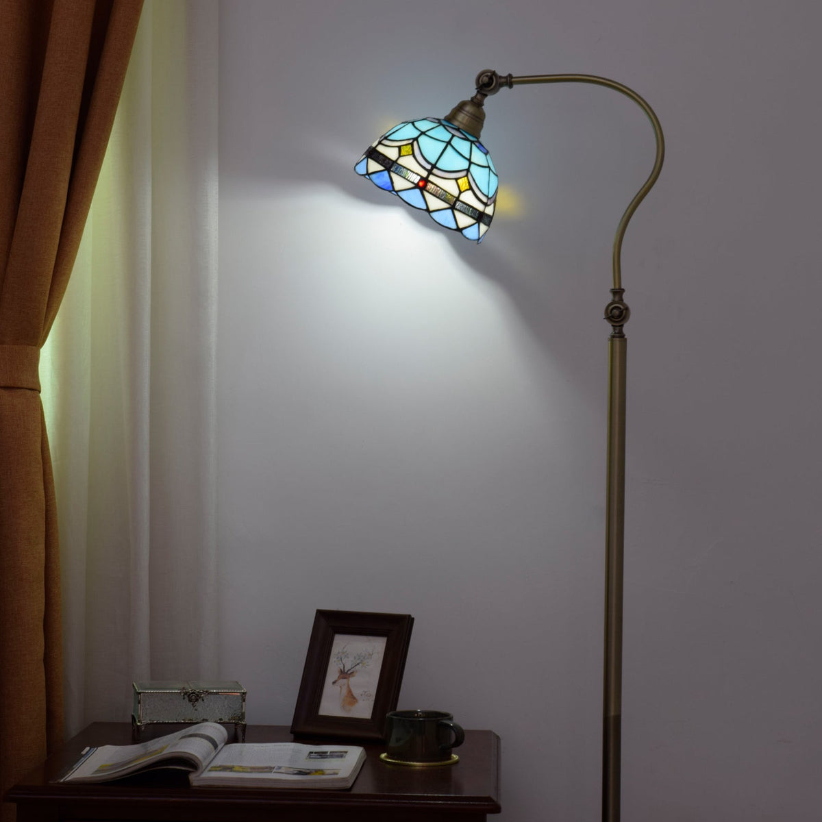 Antique Brass Floor Lamp with Geometric Blue Stained Glass