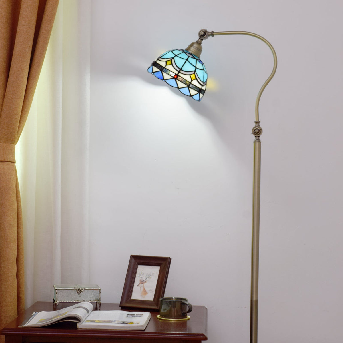 Antique Brass Floor Lamp with Geometric Blue Stained Glass