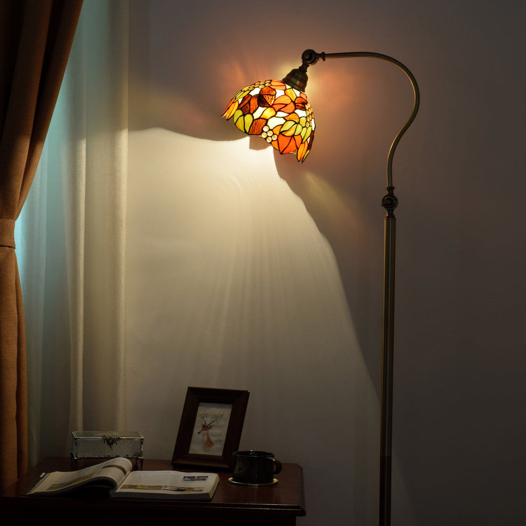 Tiffany Floor Lamp in Floral Stained Glass and Bronze