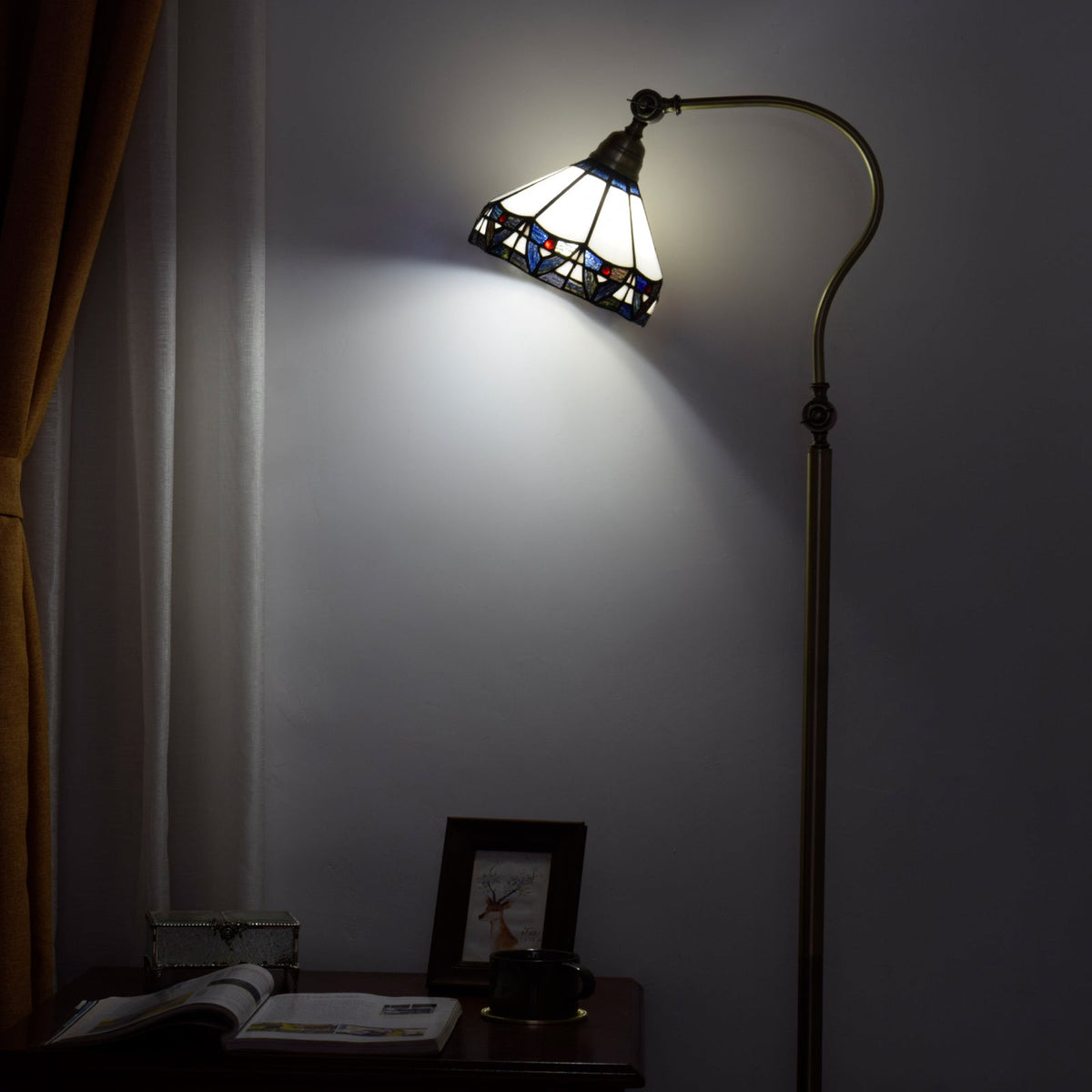 Tiffany Style Floor Lamp in Stained Glass with Curved Arm