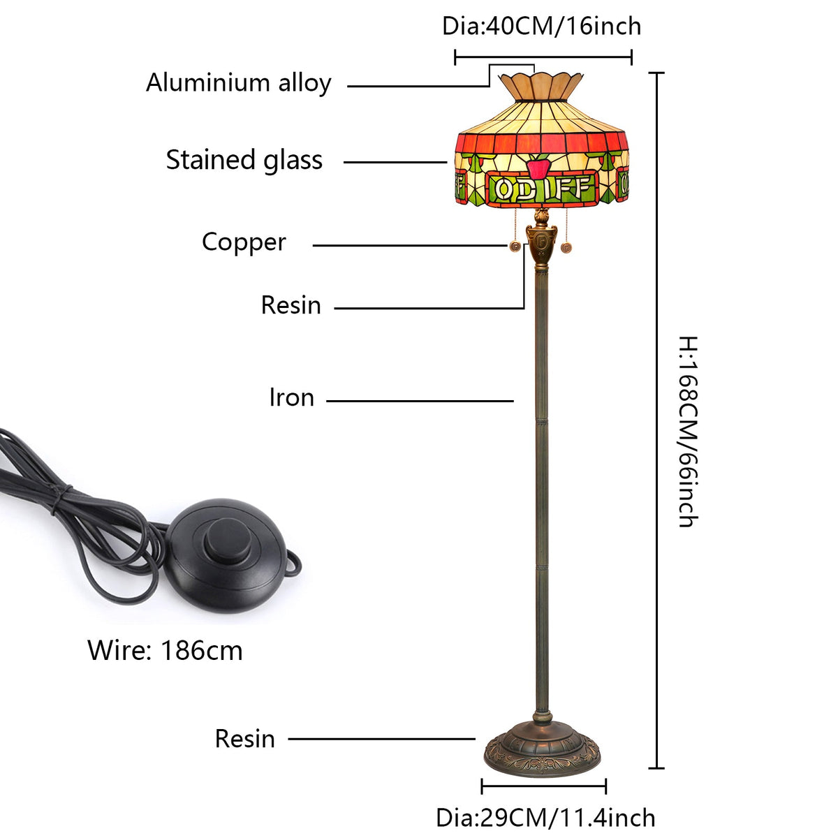 Tiffany stained glass floor lamp with apple and letter motifs