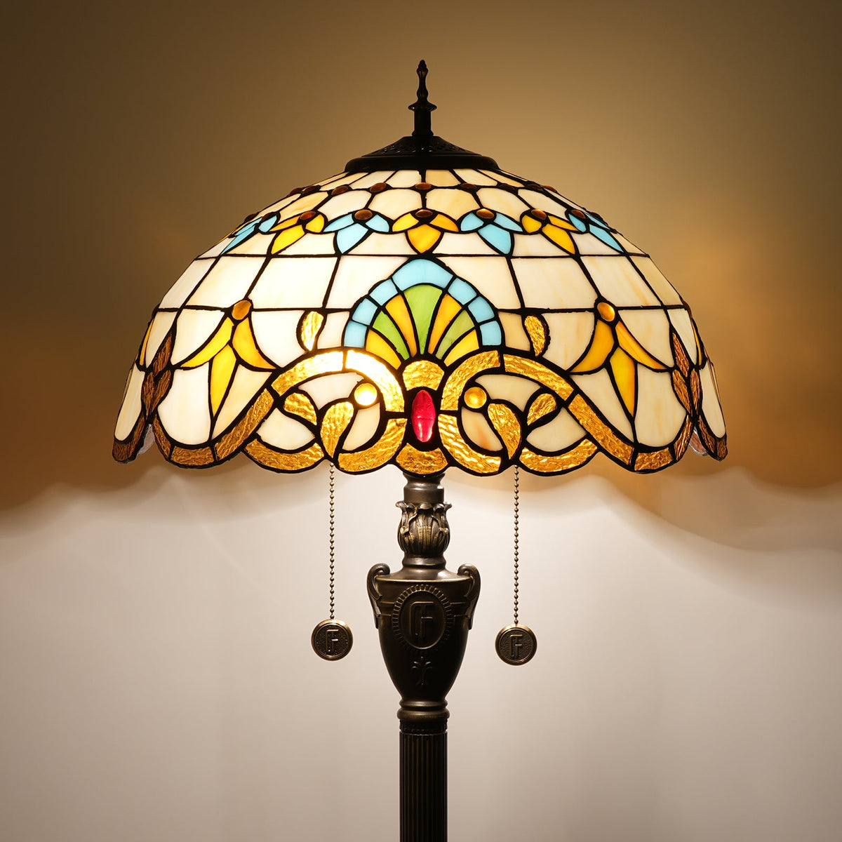 Tiffany Style Lamp in Multicolored Stained Glass and Bronze