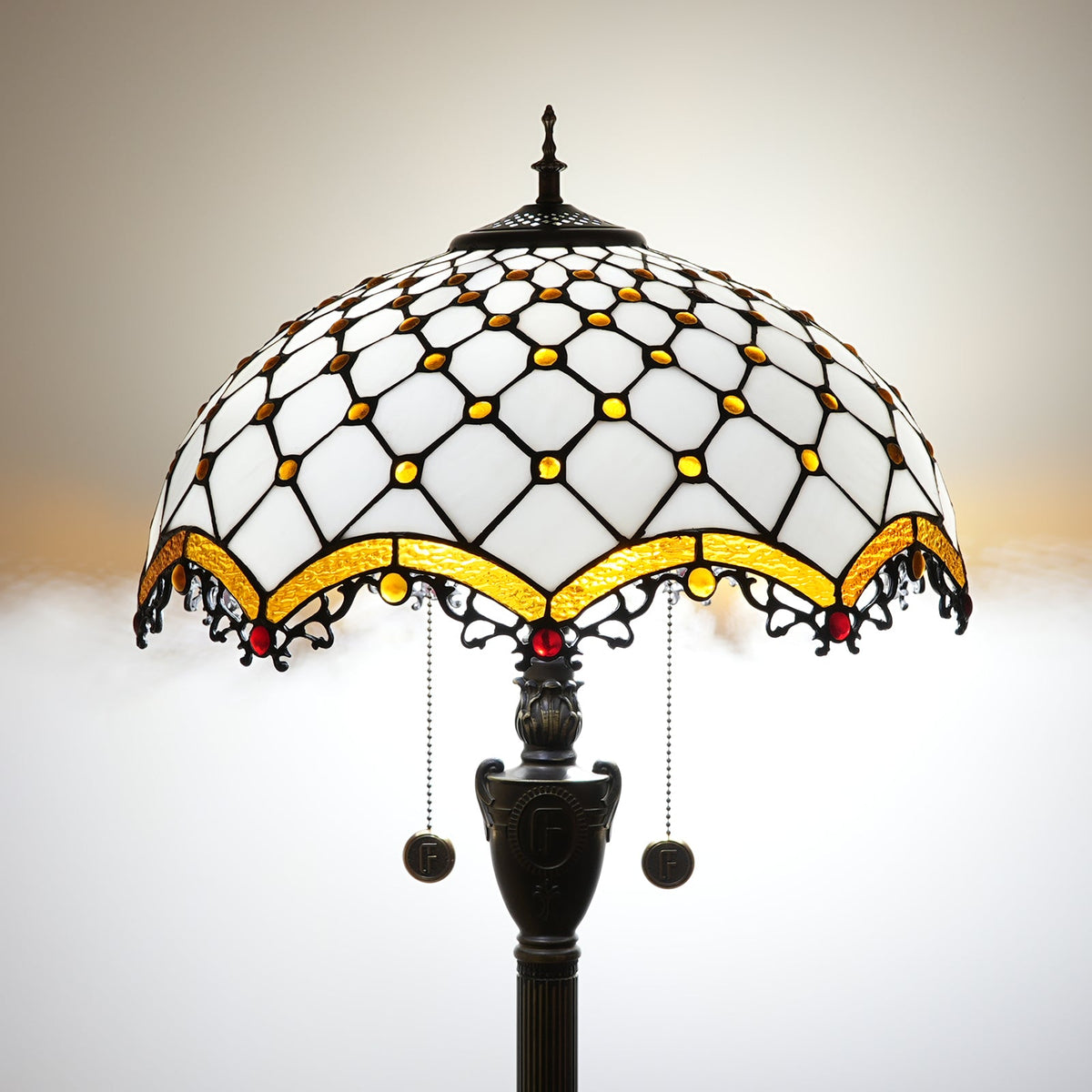 Tiffany floor lamp in white, amber and red stained glass