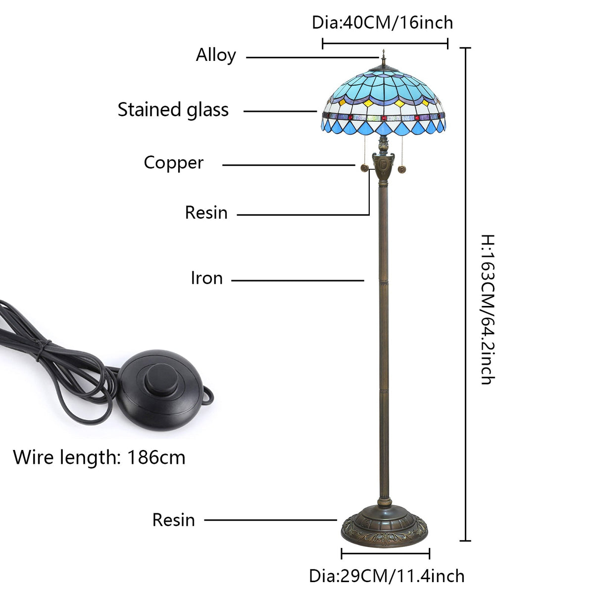Tiffany-style blue stained glass floor lamp with bronze base