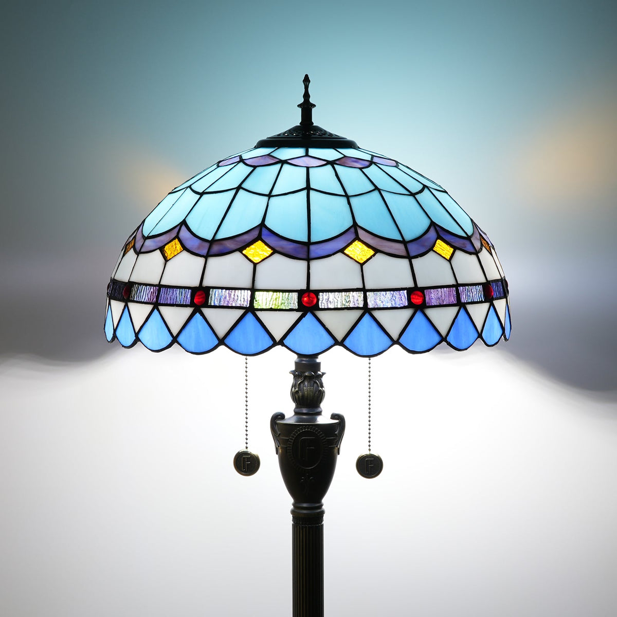 Tiffany-style blue stained glass floor lamp with bronze base