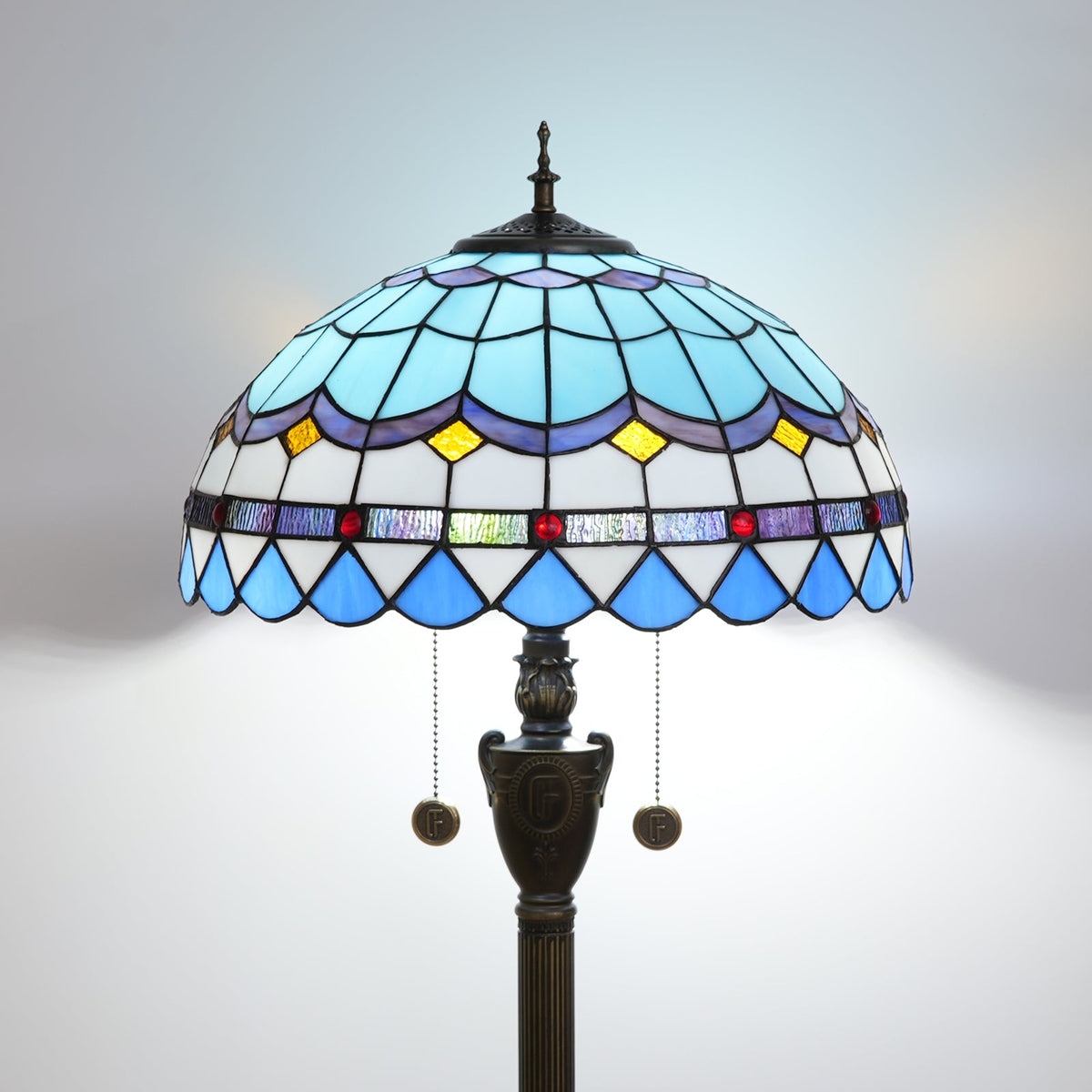 Tiffany-style blue stained glass floor lamp with bronze base