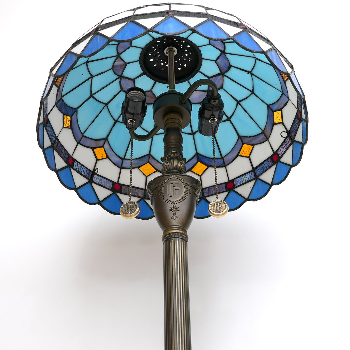 Tiffany-style blue stained glass floor lamp with bronze base