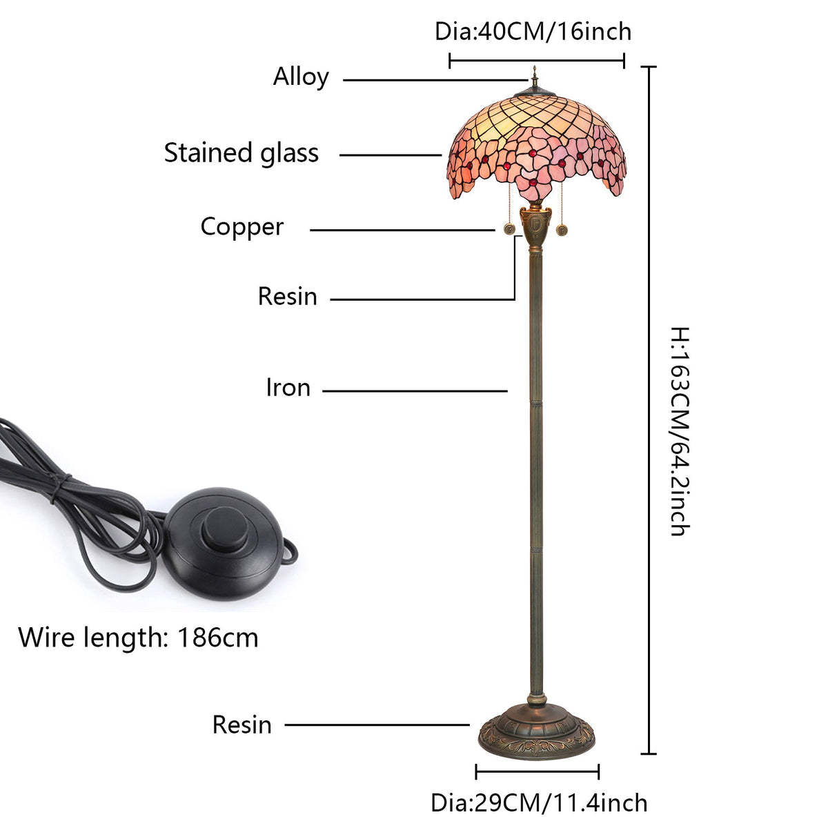 Pink Stained Glass Tiffany Floor Lamp with Floral Motif