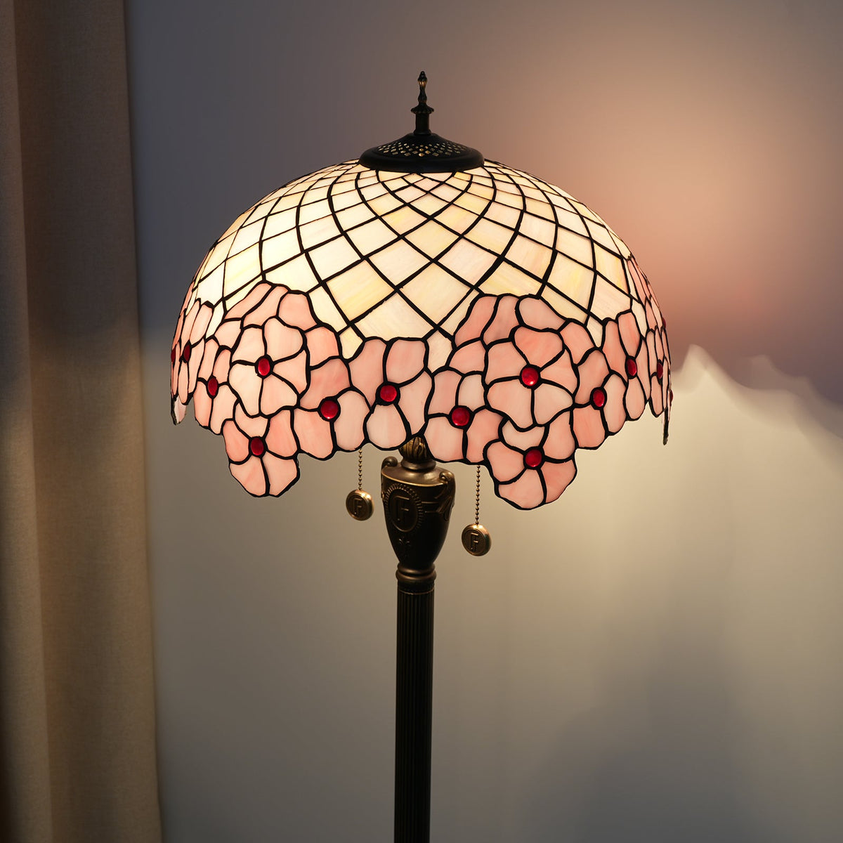Pink Stained Glass Tiffany Floor Lamp with Floral Motif