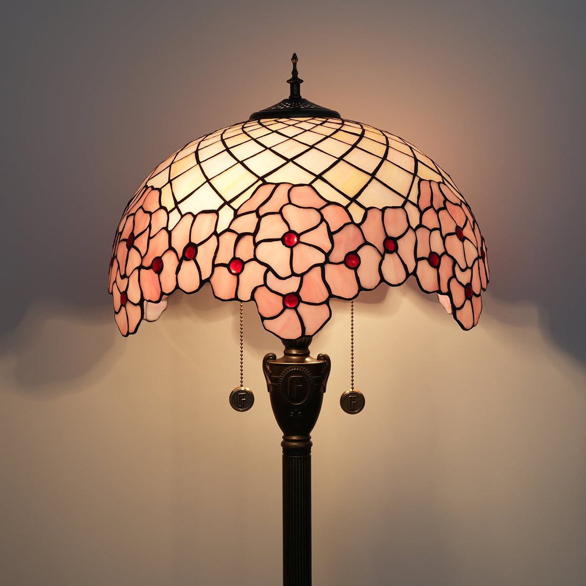 Pink Stained Glass Tiffany Floor Lamp with Floral Motif