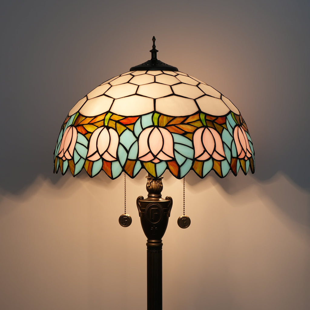 Tiffany-style floor lamp with pink and blue tulips