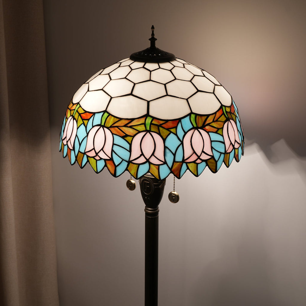 Tiffany-style floor lamp with pink and blue tulips