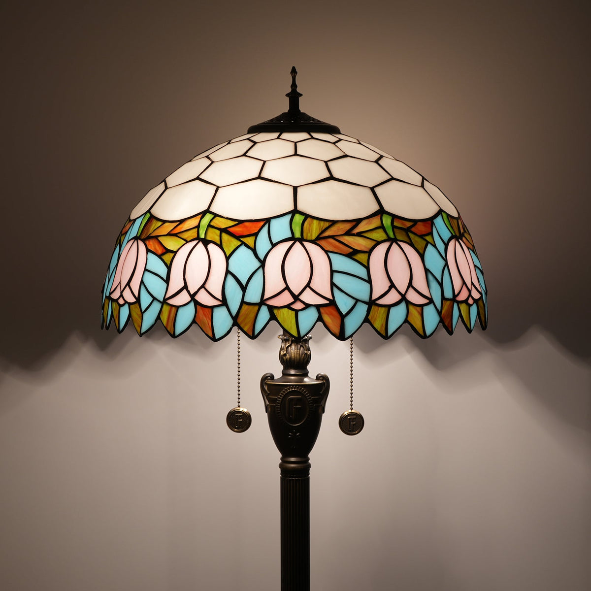Tiffany-style floor lamp with pink and blue tulips