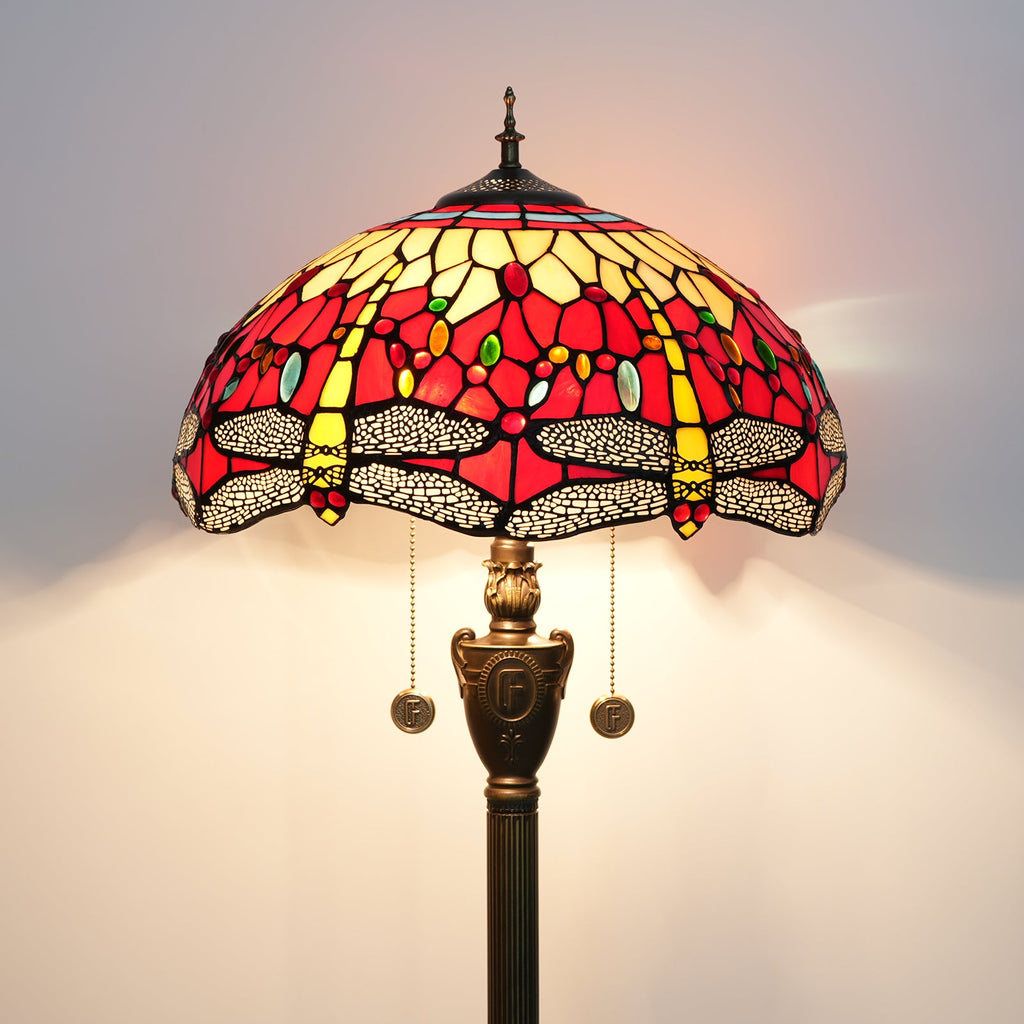 Tiffany-style stained glass floor lamp with red dragonflies