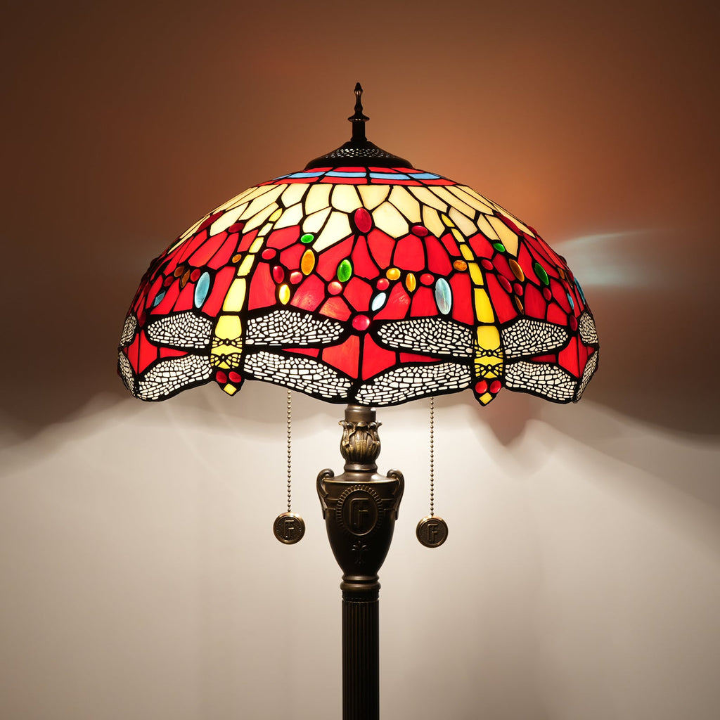 Tiffany-style stained glass floor lamp with red dragonflies
