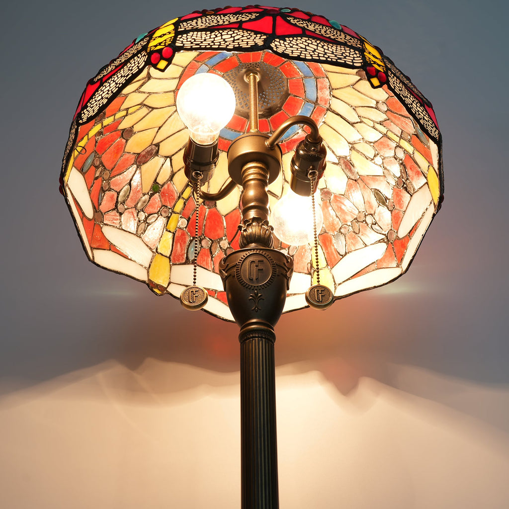 Tiffany-style stained glass floor lamp with red dragonflies
