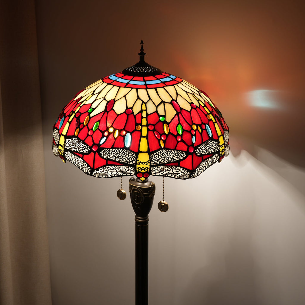 Tiffany-style stained glass floor lamp with red dragonflies