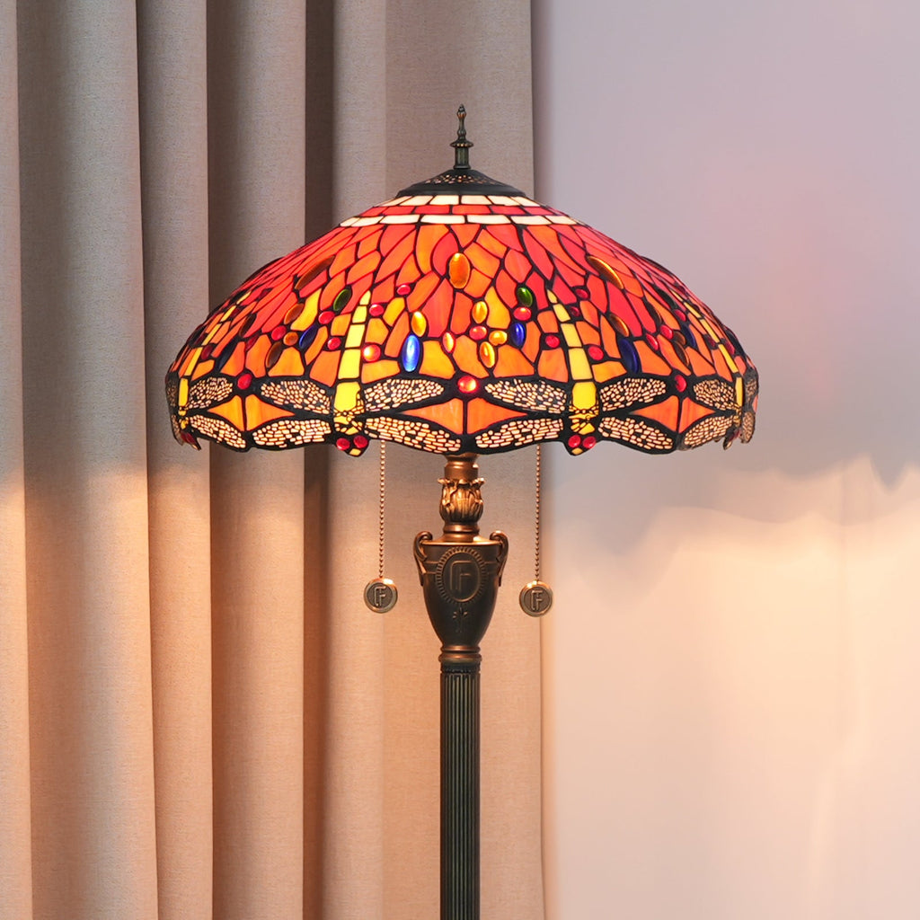 Tiffany-style stained glass floor lamp with dragonflies