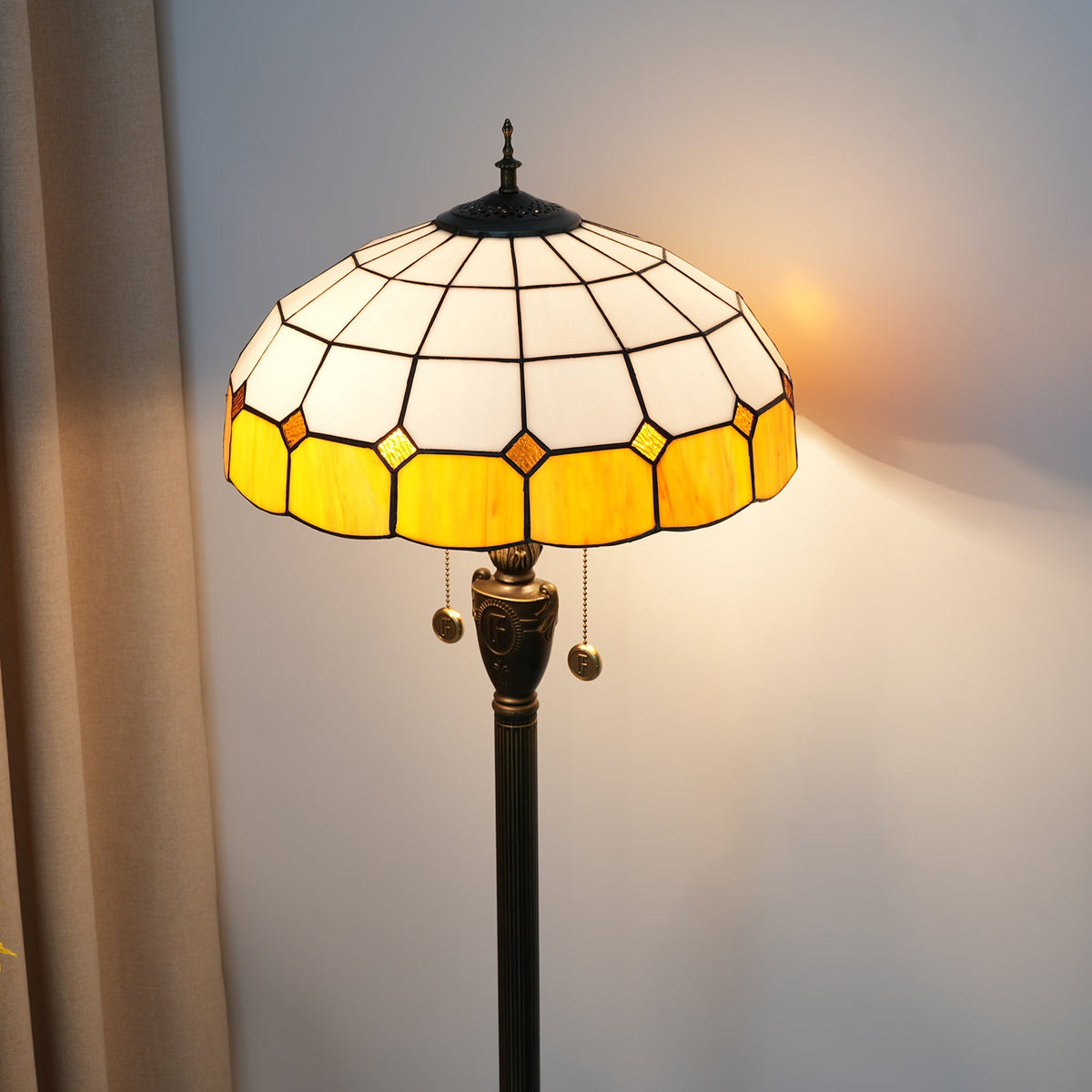 White and Amber Tiffany Style Stained Glass Floor Lamp