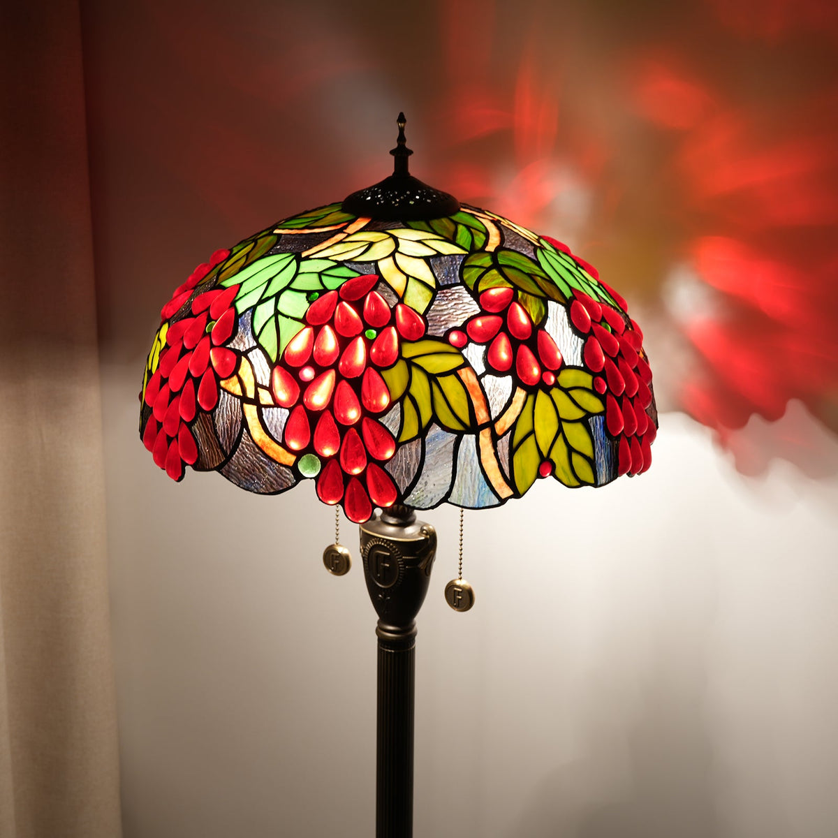 Tiffany-style floor lamp with red clusters