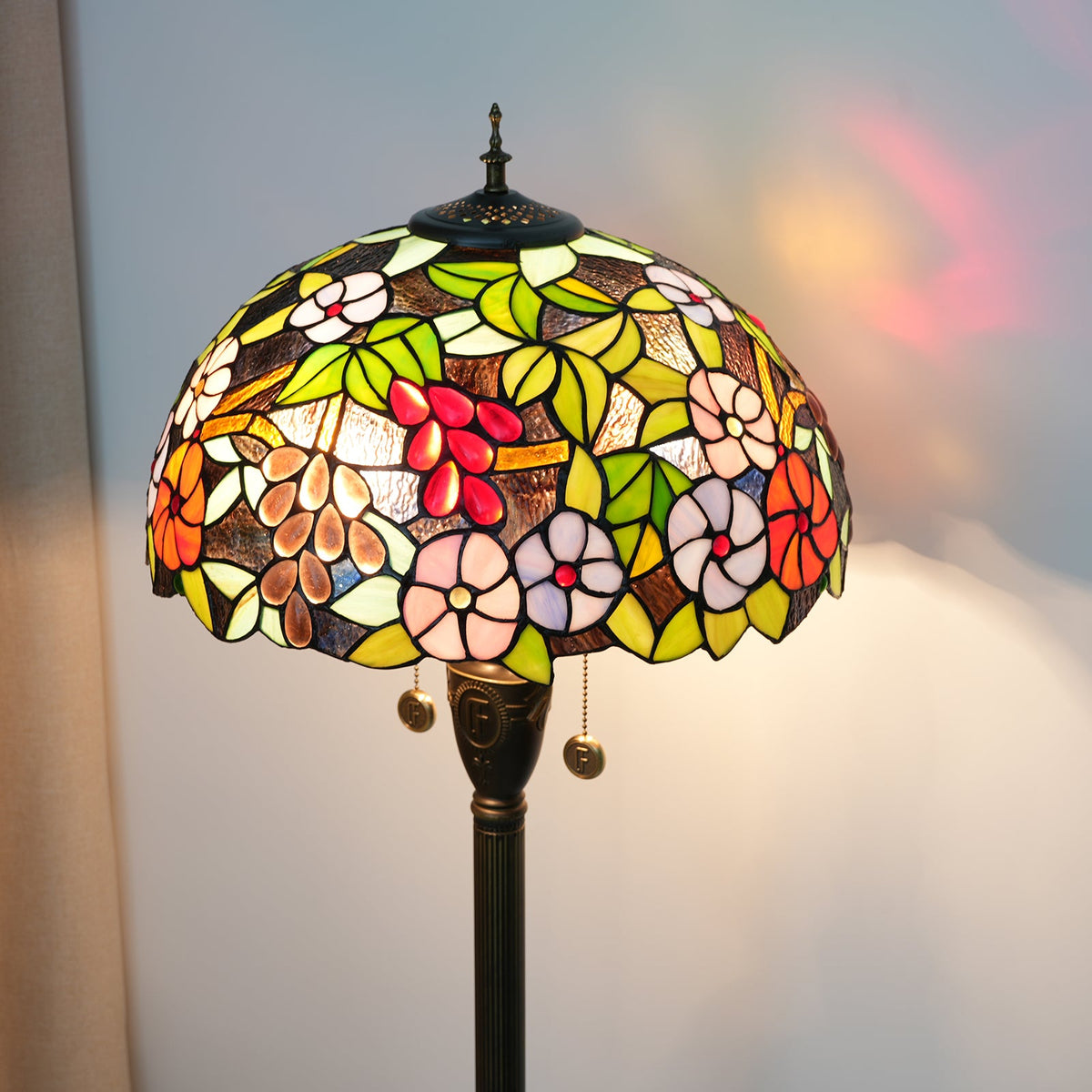 Tiffany Floor Lamp in Stained Glass with Floral and Grape Design