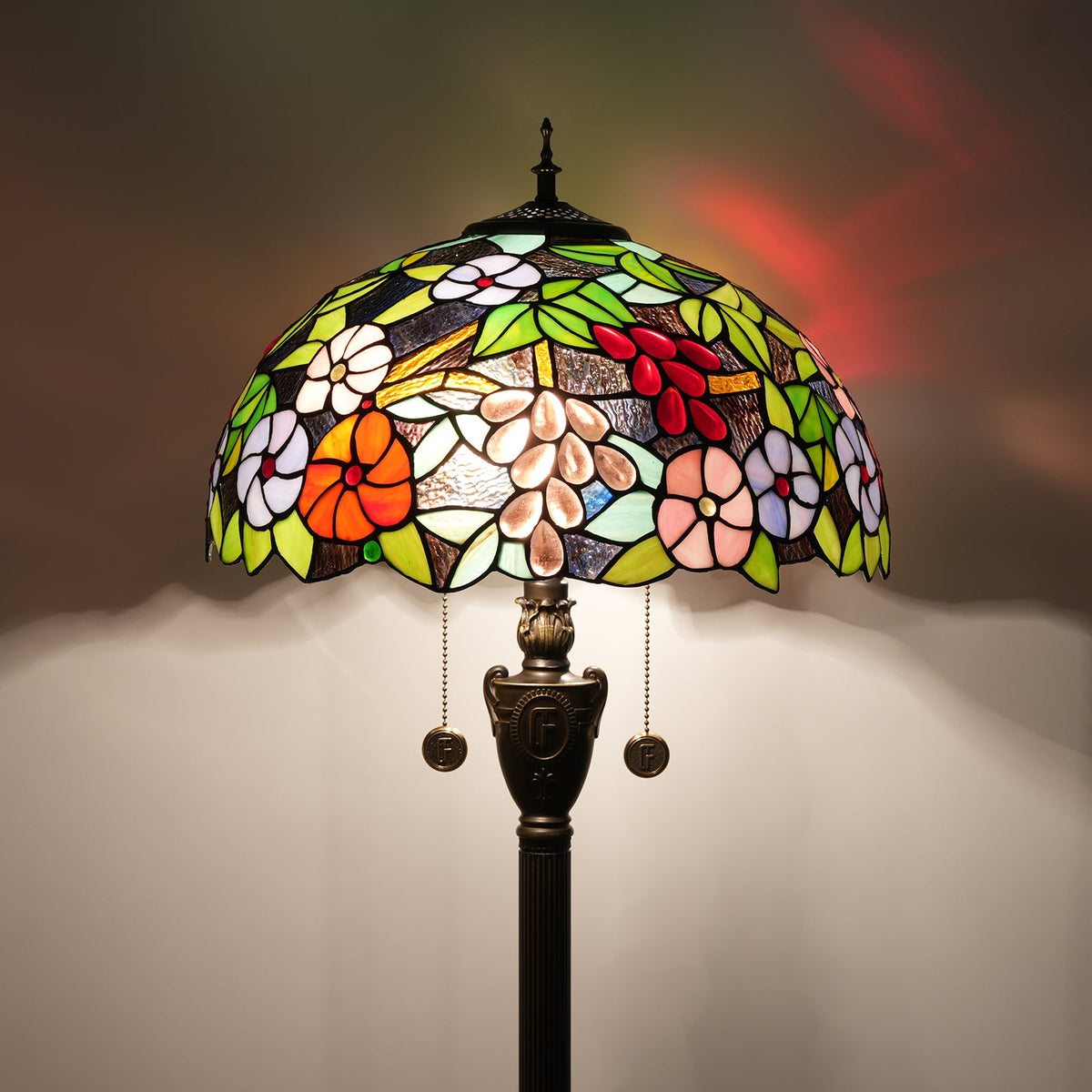 Tiffany Floor Lamp in Stained Glass with Floral and Grape Design