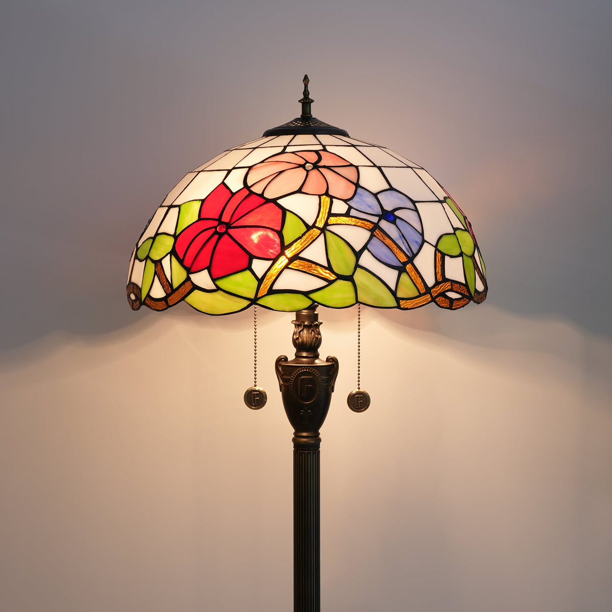 Tiffany Floor Lamp in Floral Stained Glass and Antique Bronze