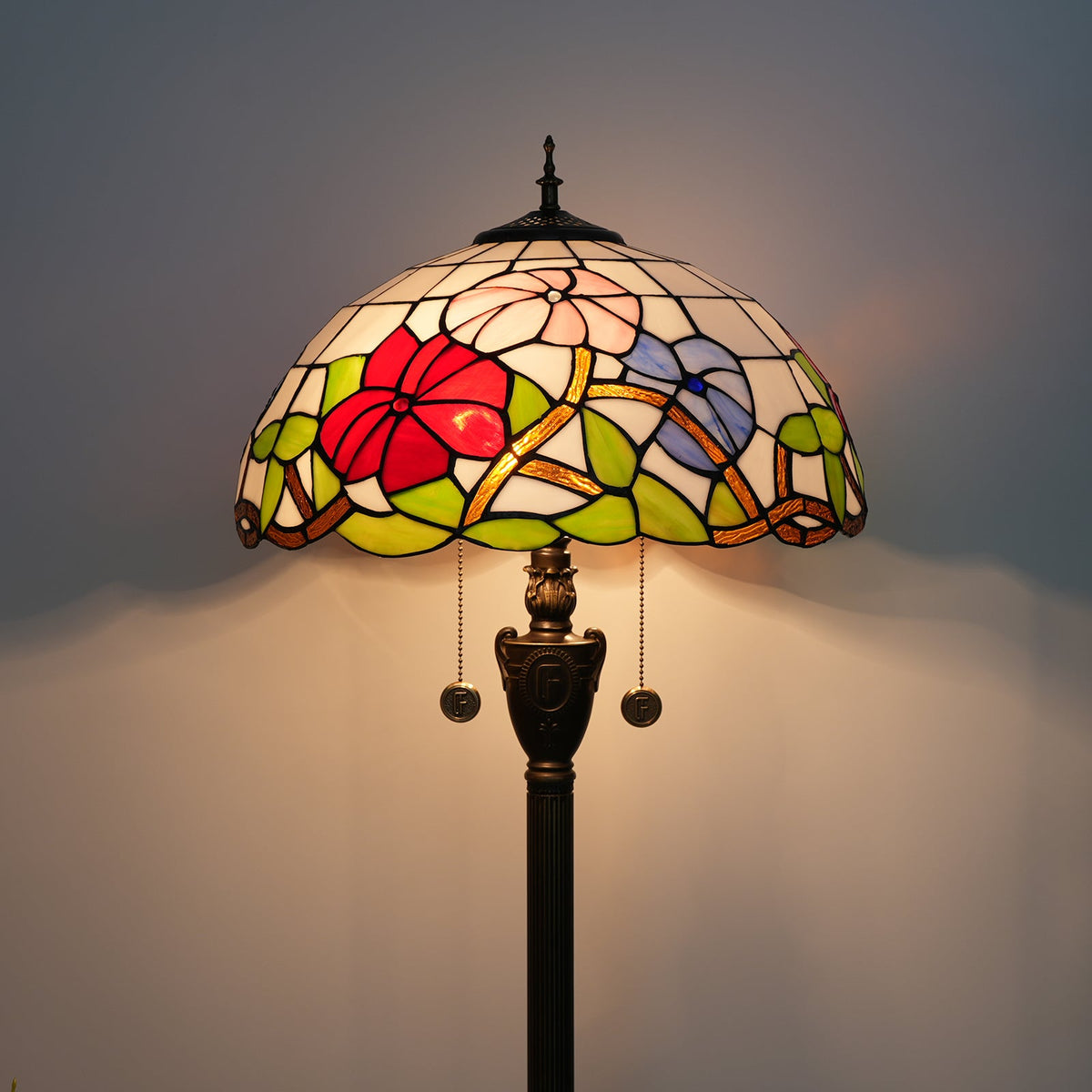 Tiffany Floor Lamp in Floral Stained Glass and Antique Bronze