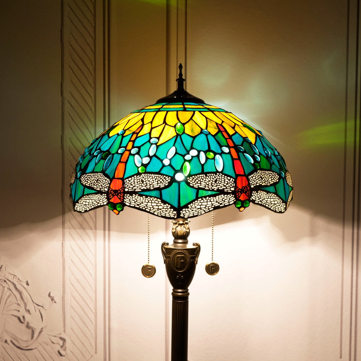 Tiffany-style stained glass floor lamp with blue and amber dragonflies