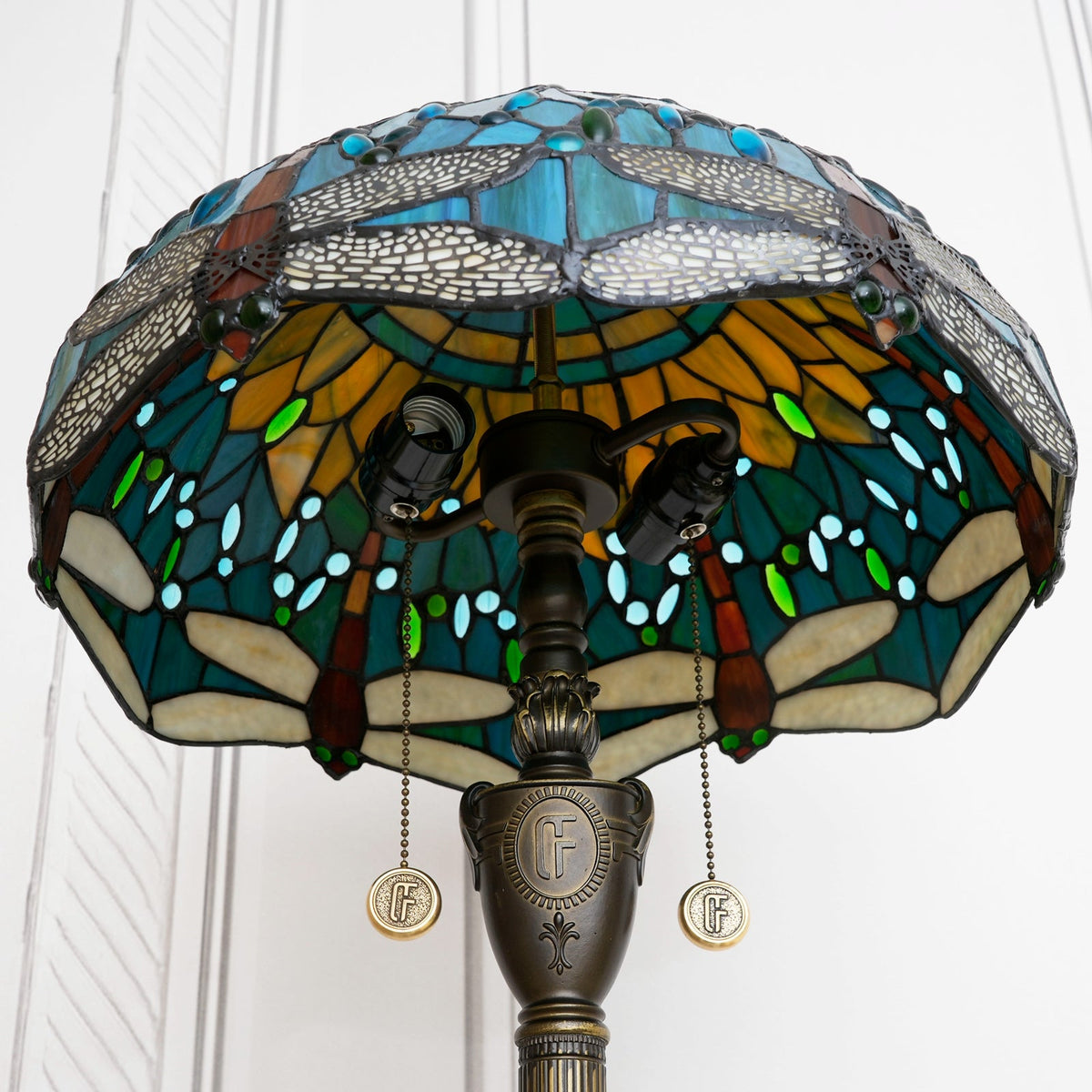 Tiffany-style stained glass floor lamp with blue and amber dragonflies