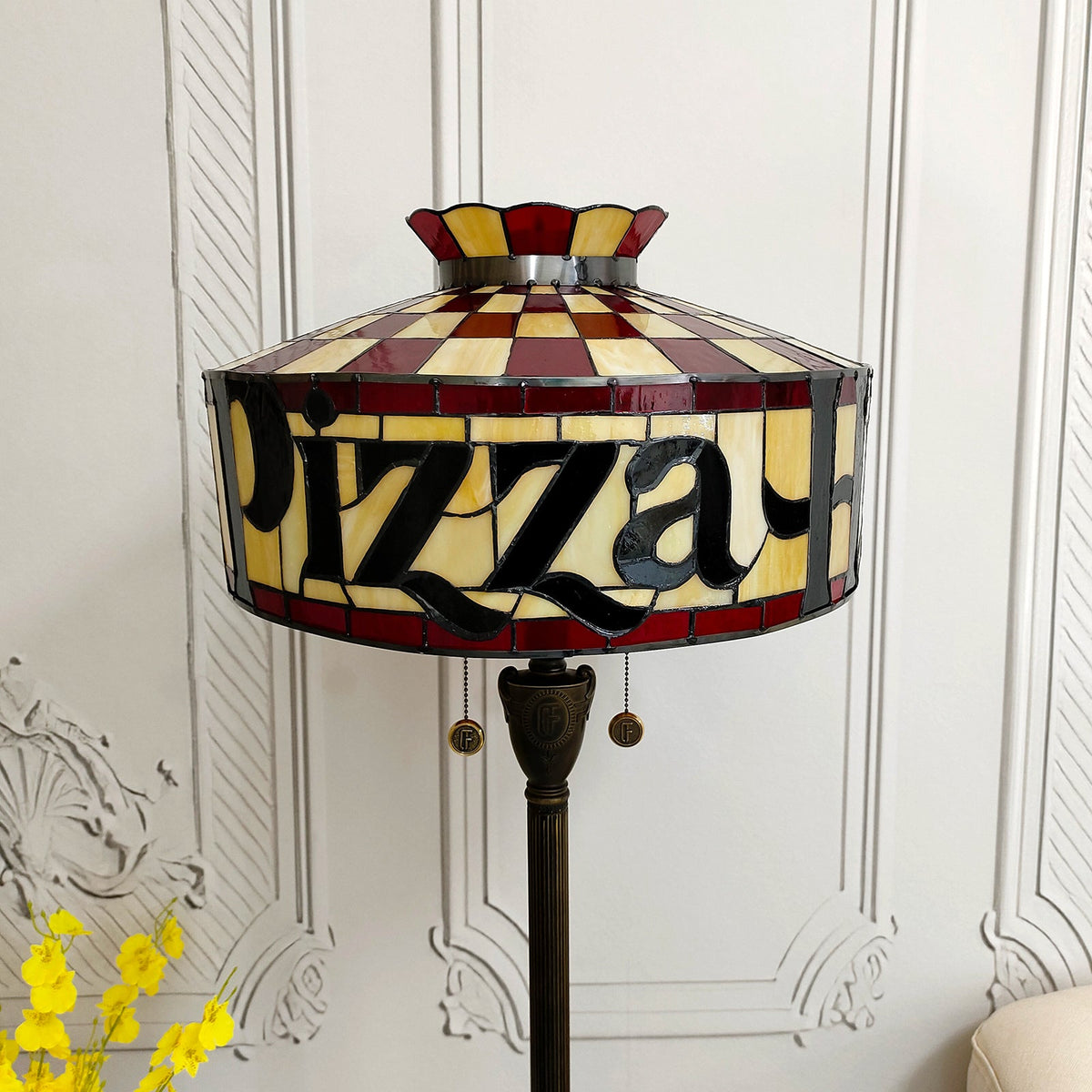 Retro Stained Glass Floor Lamp "Pizza" Red and Yellow
