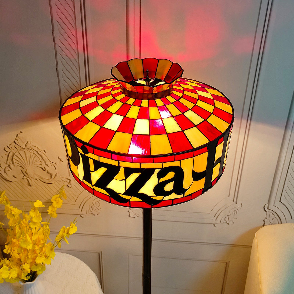 Retro Stained Glass Floor Lamp "Pizza" Red and Yellow