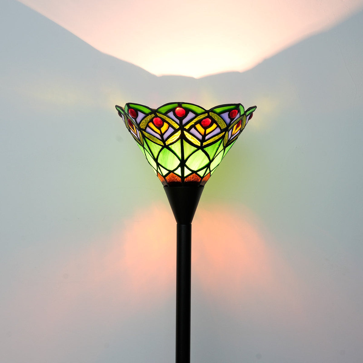 Stained Glass Floor Lamp in Multicolored Scalloped Green