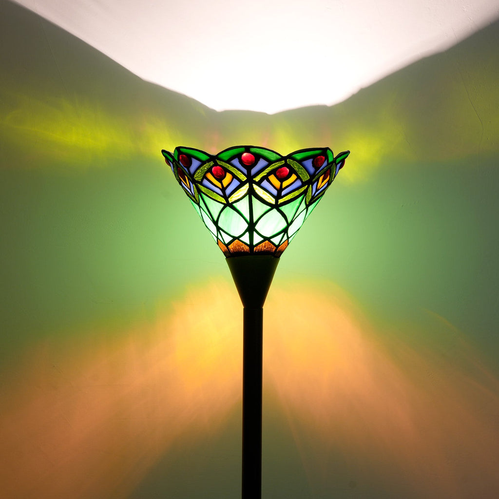 Stained Glass Floor Lamp in Multicolored Scalloped Green