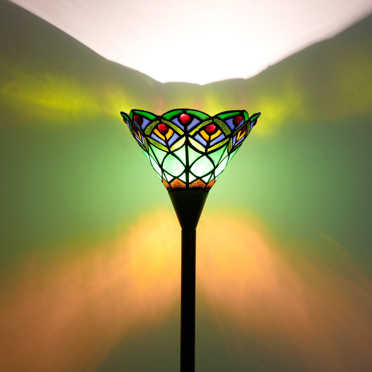 Stained Glass Floor Lamp in Multicolored Scalloped Green