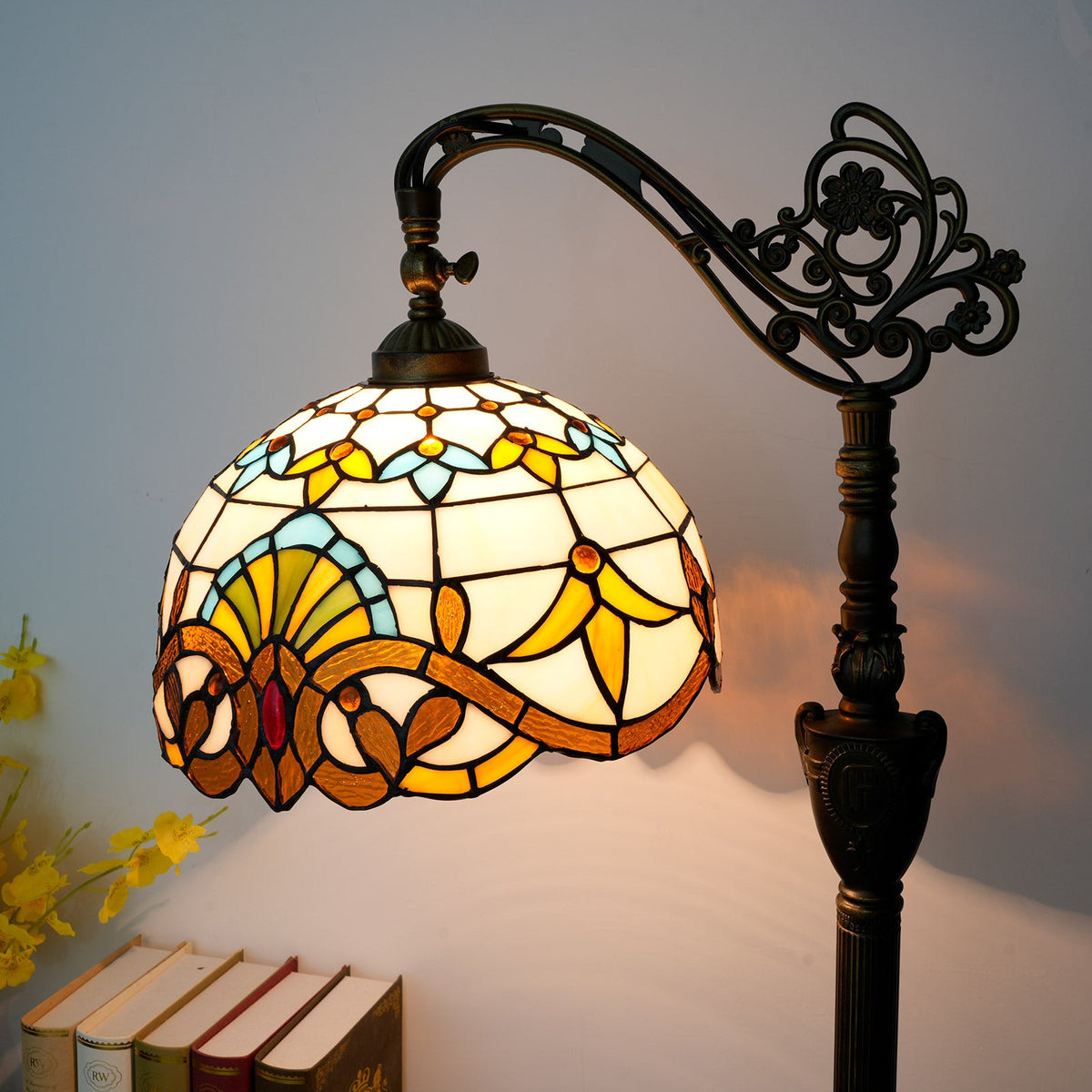 Tiffany-style table lamp in amber and blue stained glass