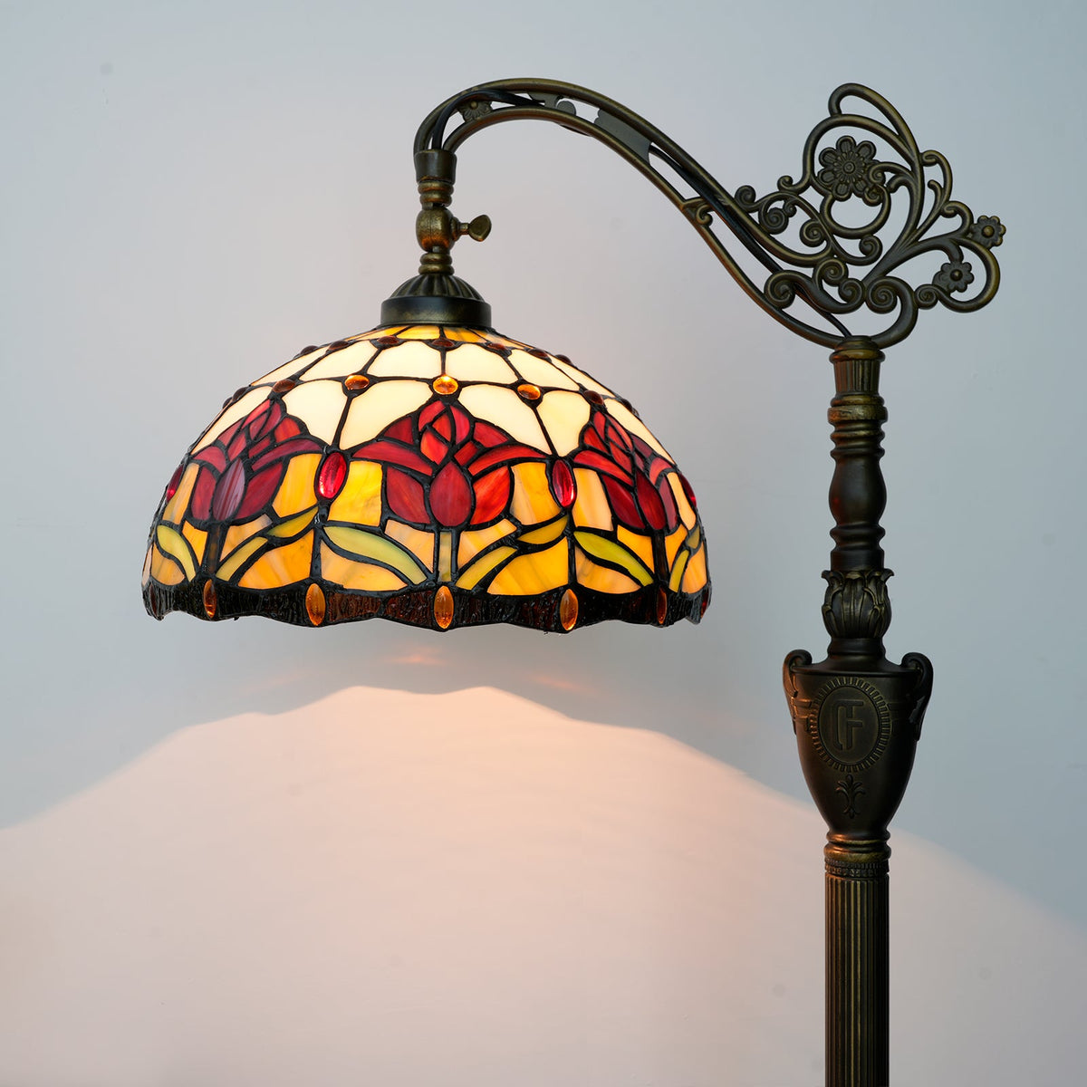 Tiffany Floor Lamp in Floral Stained Glass and Antique Bronze