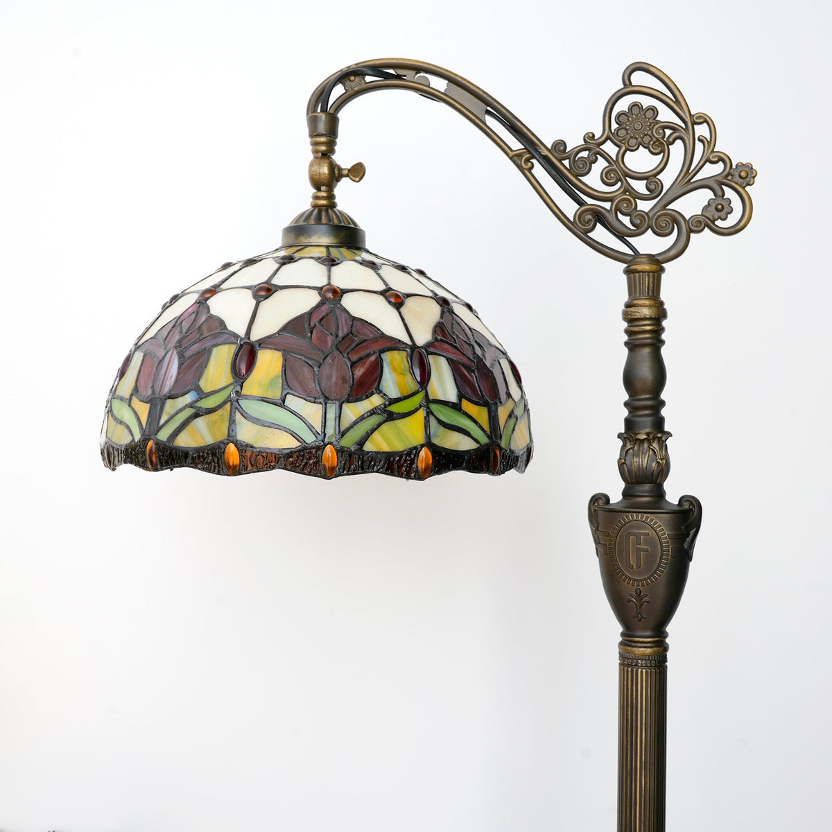 Tiffany Floor Lamp in Floral Stained Glass and Antique Bronze