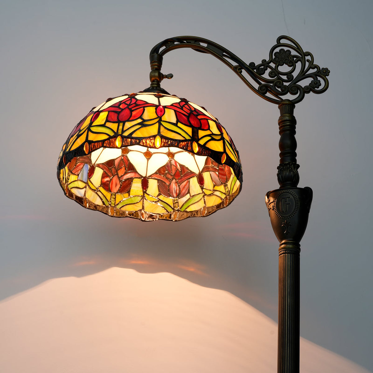 Tiffany Floor Lamp in Floral Stained Glass and Antique Bronze