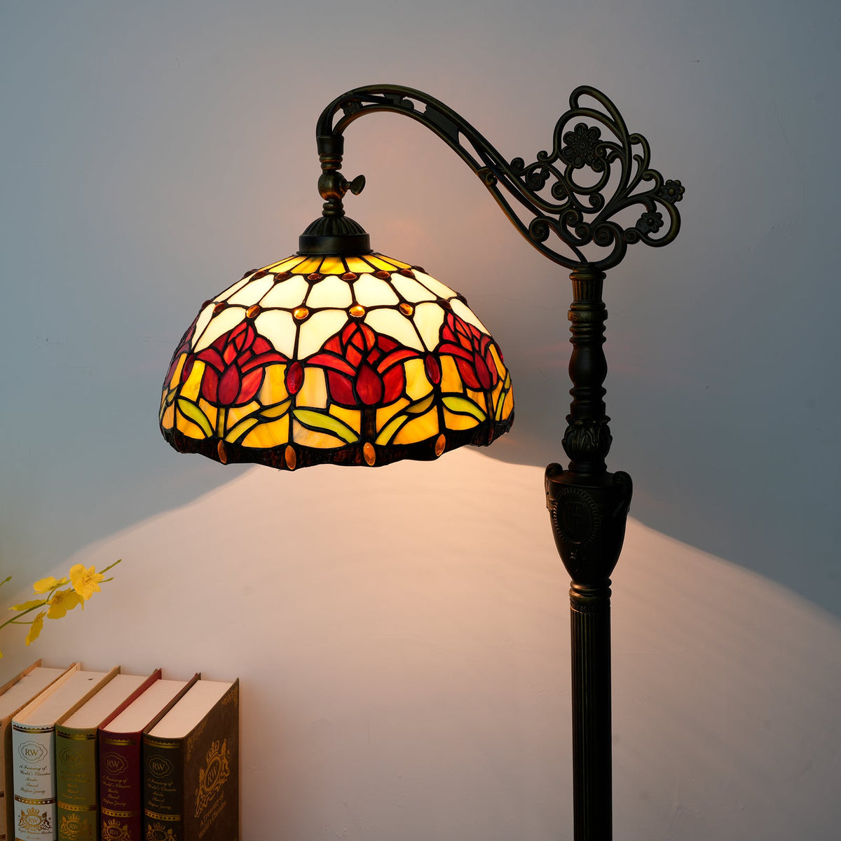 Tiffany Floor Lamp in Floral Stained Glass and Antique Bronze