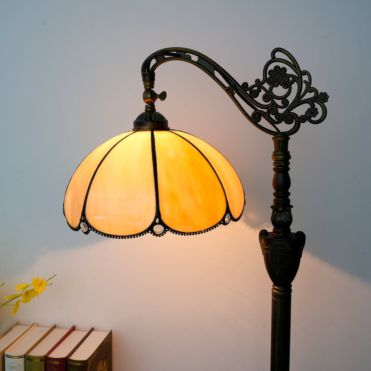 Tiffany Arc Floor Lamp in Ornate Bronze and Mother-of-Pearl Glass