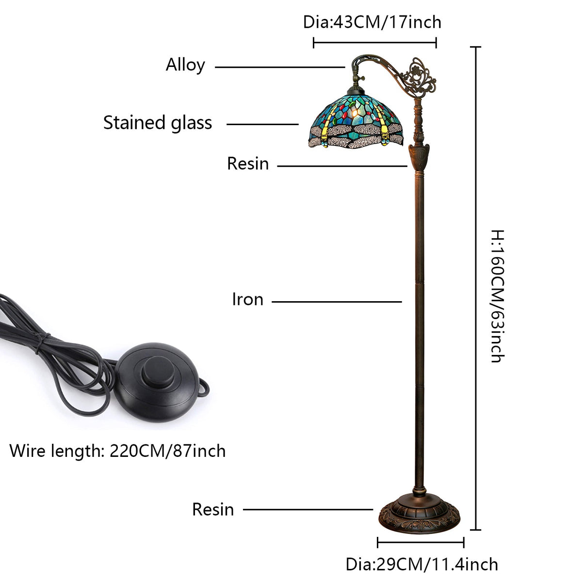 Stained Glass Floor Lamp with Dragonflies and Antique Bronze